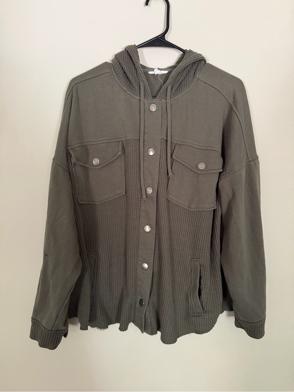 Women’s 1X Maurices Olive Hooded Utility Shirt Jacket waffle knit